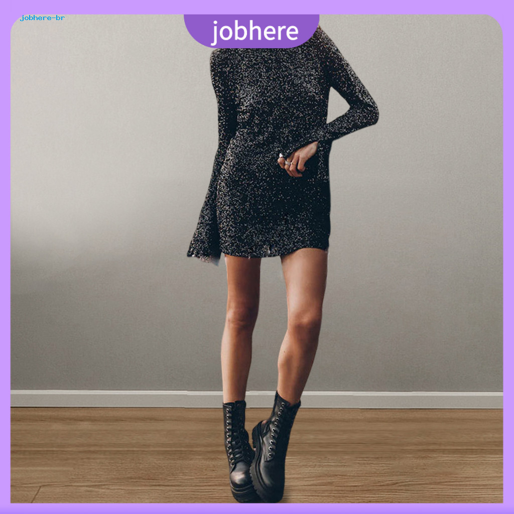 Women Cocktail Dress Backless Fall Spring Women’s Sequin Mini Hollow Back Round Neck Long Bell Sleeves Slit Cuffs Part