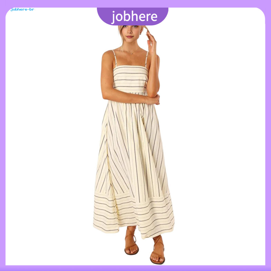 Women Striped Dress Print Sundress Summer Women’s Backless Spaghetti Strap Hollow Out A-line Maxi – Beach Vacation A