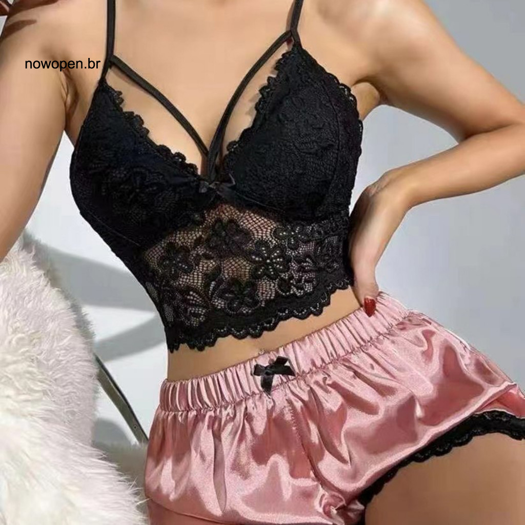 Lace Pajama Set Women Outfits 2 Pcs Satin Sleepwear Hollow Out V Neck Backless Crop Top High Waist Shorts Summer Home Va