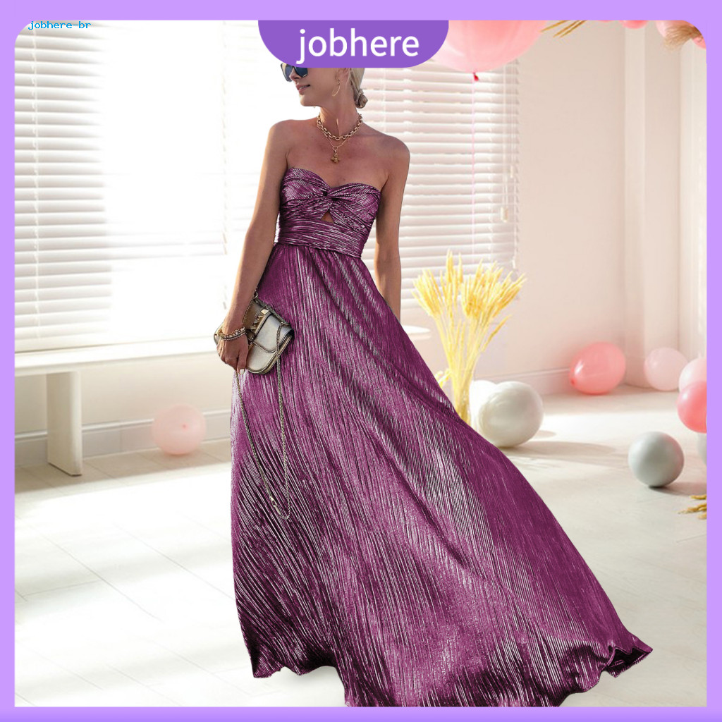 Pleated Hem Dress Banquet Maxi Women’s Off-shoulder Backless Evening Bronzing Bandeau Hollow Out High Waist Gown for P