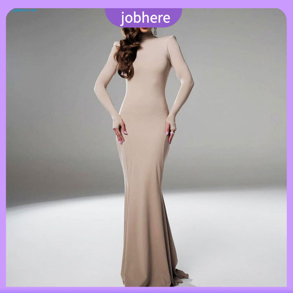 Women Backless Dress Half-high Collar Women’s Long Sleeve Evening Slim Fit Solid Color Sheath with Hollow Back Floor-l