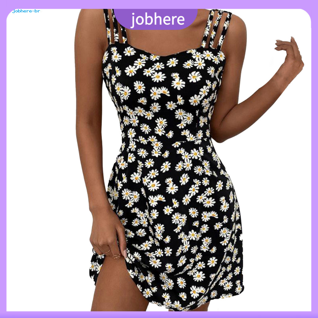 Flower Print Women Dress Ladies Women’s Floral A-line Beach Hollow Out Backless Design Contrast Color Above Knee Loose