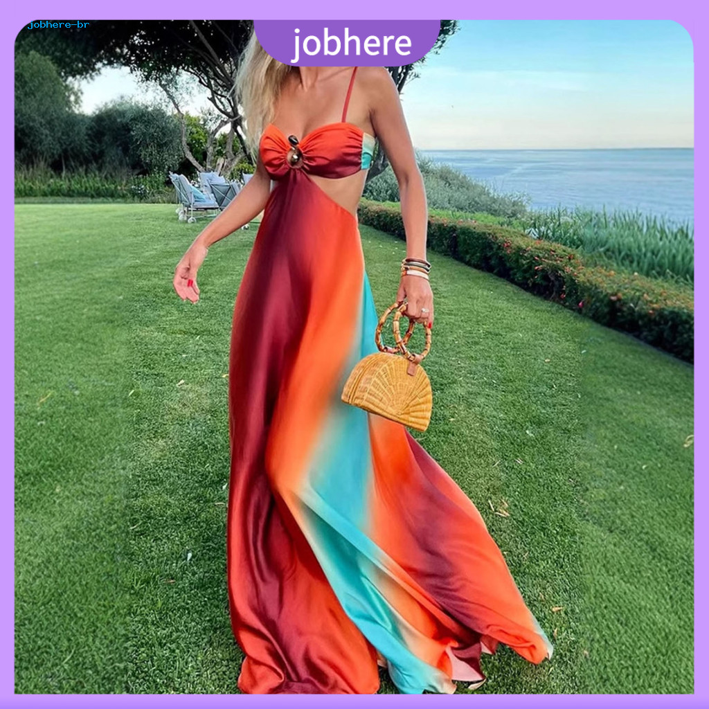 Beach Slip Dress Women Suspender Summer Low-cut Waist Backless Hollow Out Vacation Contrast Color A-line Maxi for Tropic