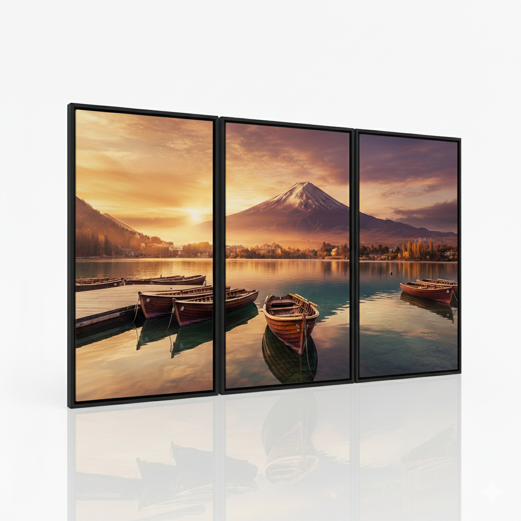 Kit 3 Quadros Decorativos Paisagem Lago Barcos Montanha Pôr do Sol Premium