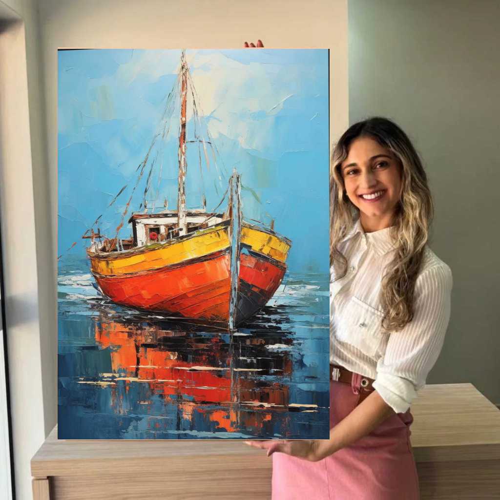QUADRO DECORATIVO - PINTURA - BARCO NO LAGO -