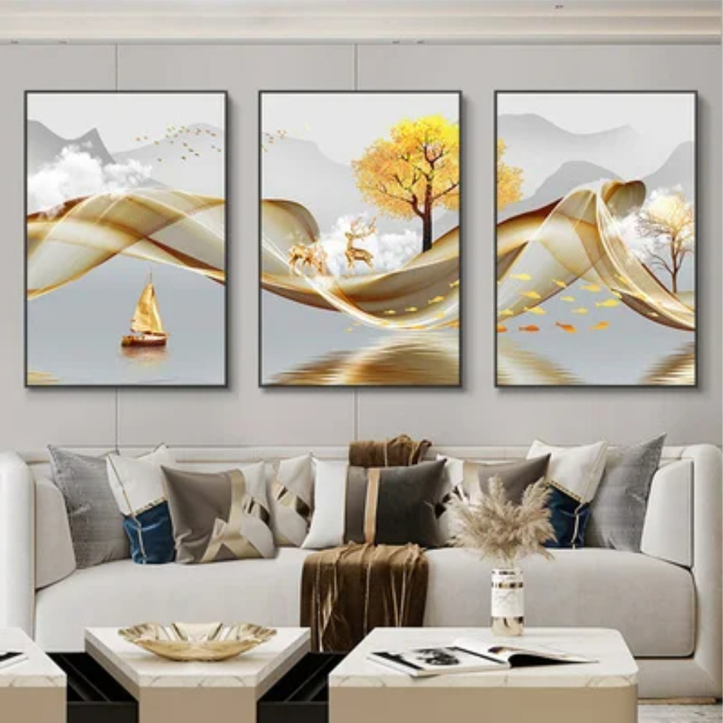 Quadro decorativo mosaico Lago, barco e peixes com detalhes durados