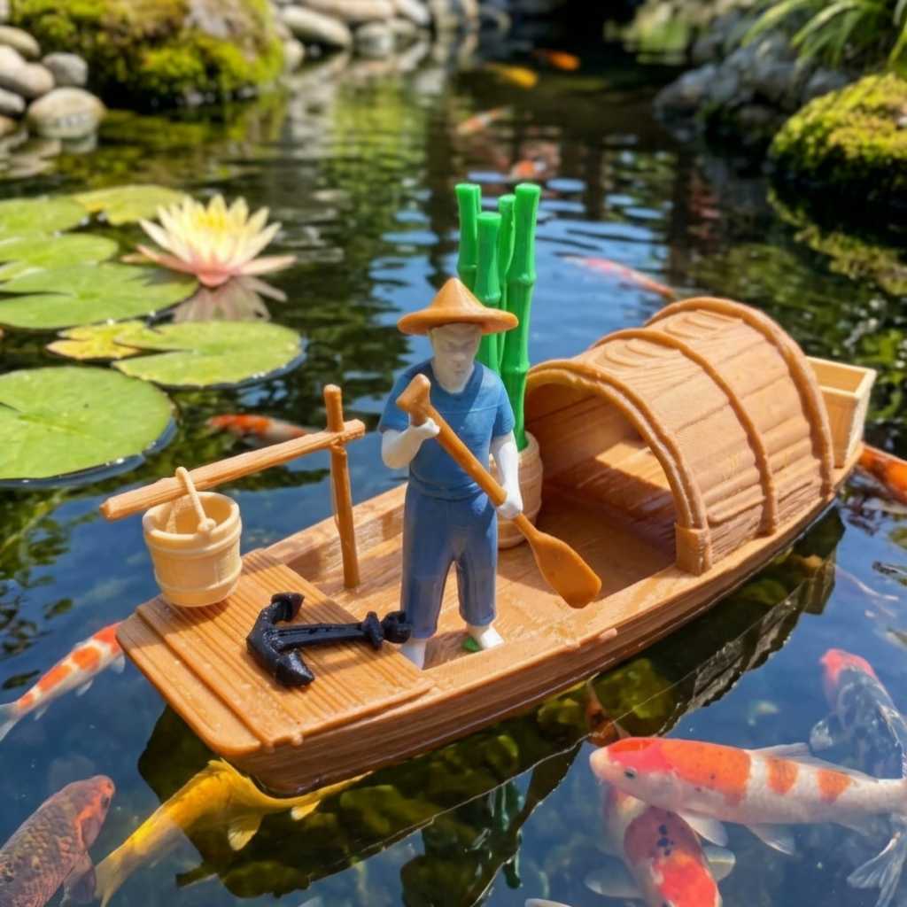 Miniatura Barco Chinês Pesqueiro Enfeite Aquário Lago Pescador Impressão 3D Decoração Bonsai Terrário Miniturizado
