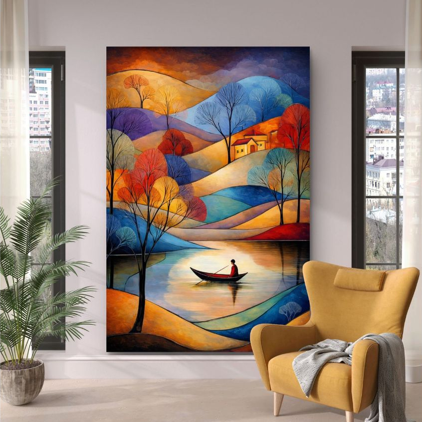 Quadro Decorativo Paisagem Colorida Lago E Barco Arte Moderna Natureza Para Sala MDF 110x70