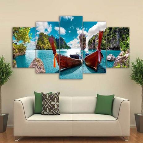 quadros decorativo 5 peças mod Barco em lago