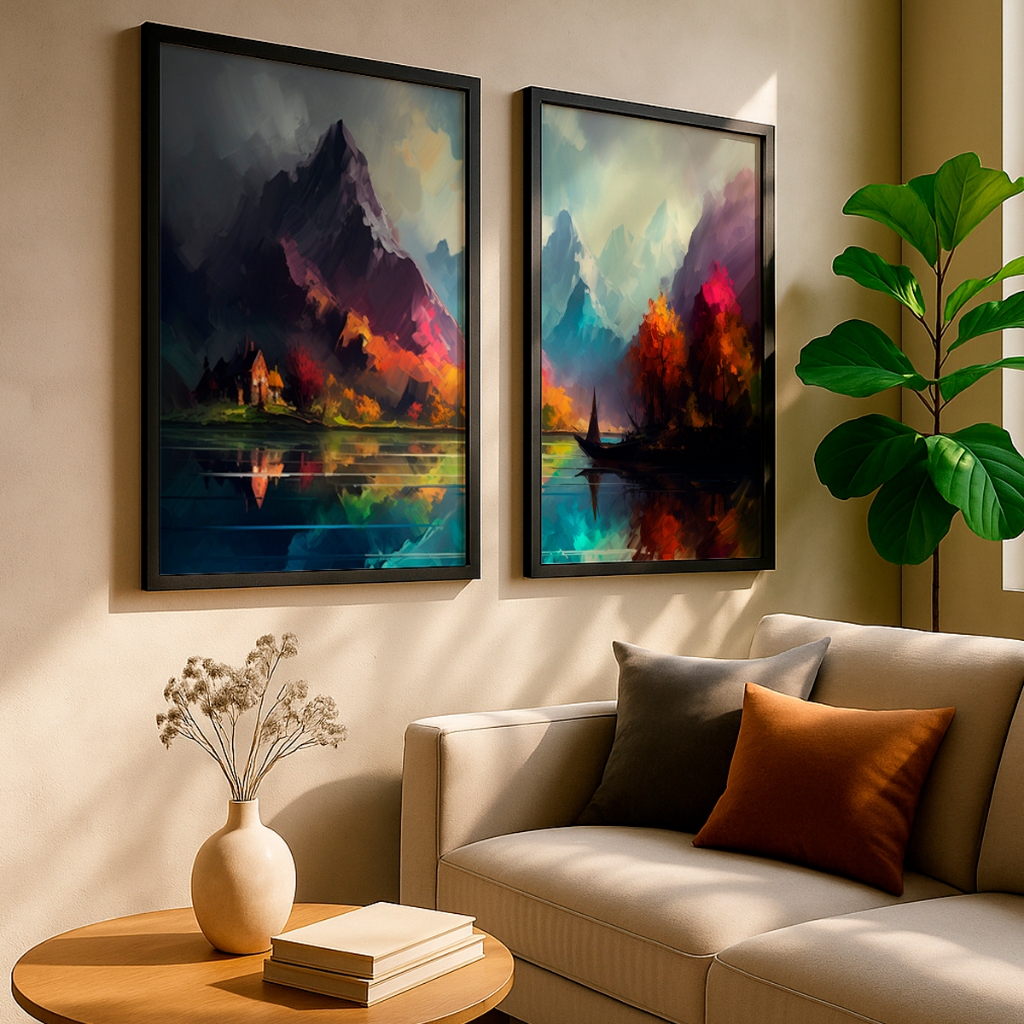 Kit 2 Quadros Paisagem Lago Montanhas Casa E Barco Pintura Digital Arte Tranquila Para Sala Quarto