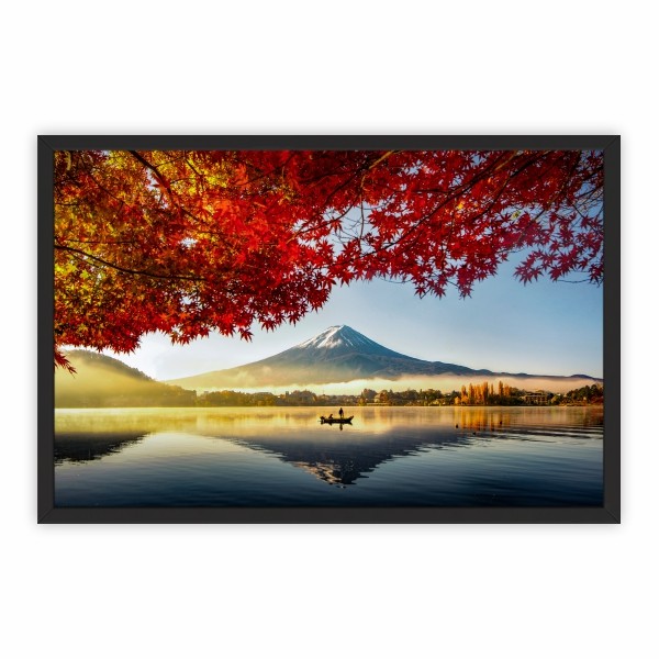 Quadro Decorativo 90x60 Moldura Madeira Paisagem Montanha Lago Barco Quarto Casal Sala Escritório