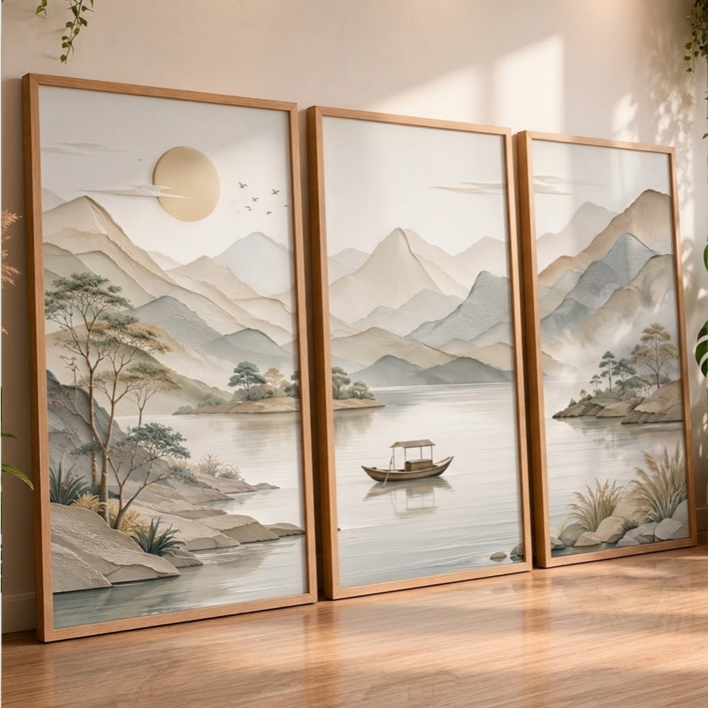Trio Quadros Decorativos Paisagem Oriental Lago Barco Montanhas Moderno 3 Peças Quarto Luxo