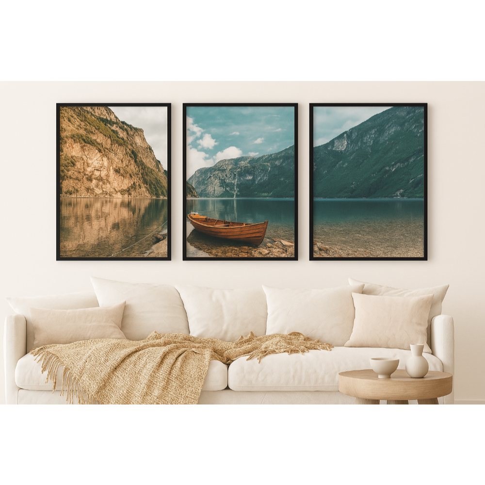 Trio de Quadros Decorativos Paisagem Natural Lago com Barco e Montanhas para Sala Quarto Ambientes