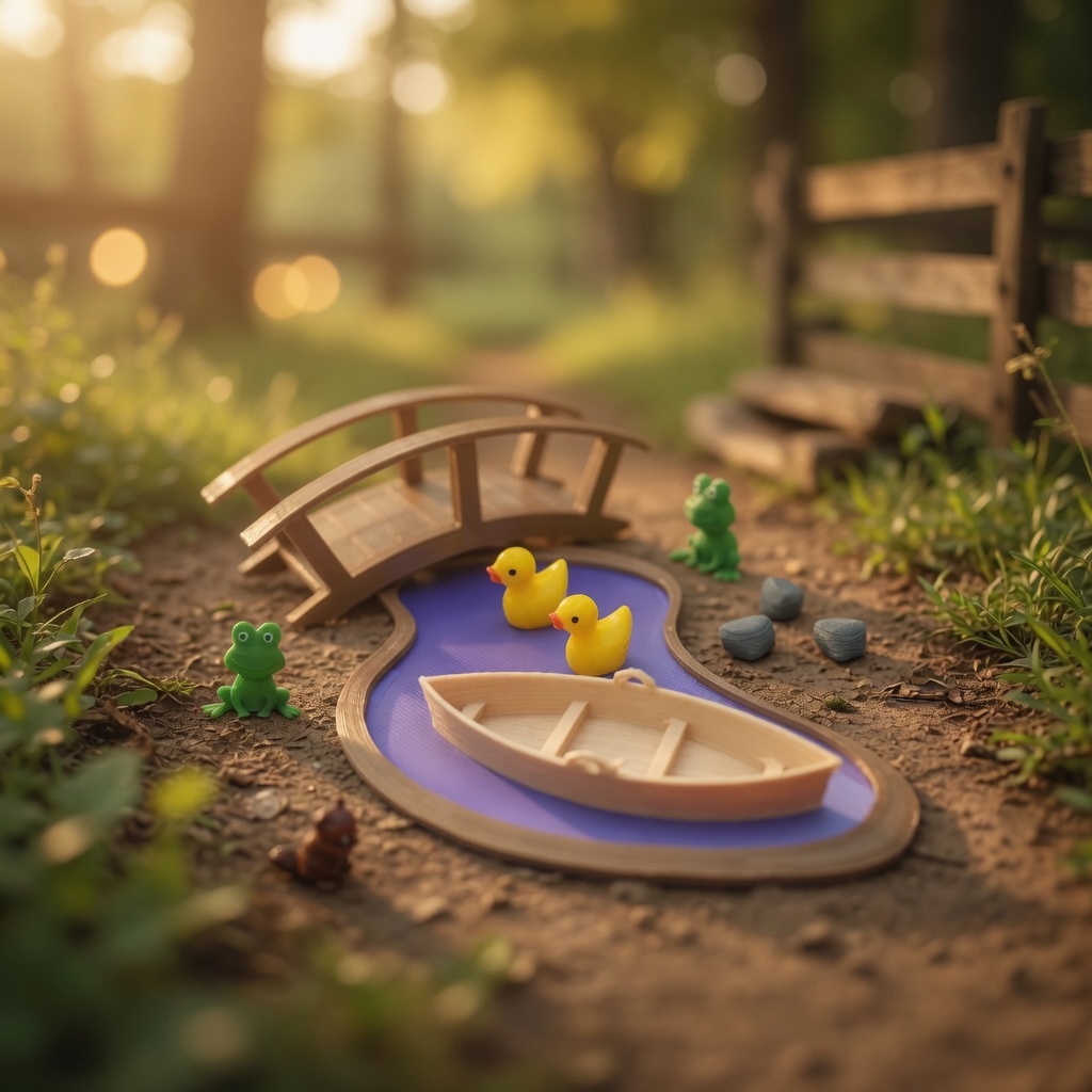 Miniaturas Lago dos Sonhos c/ Barco, Ponte, Patos – Terrário maqueta diorama