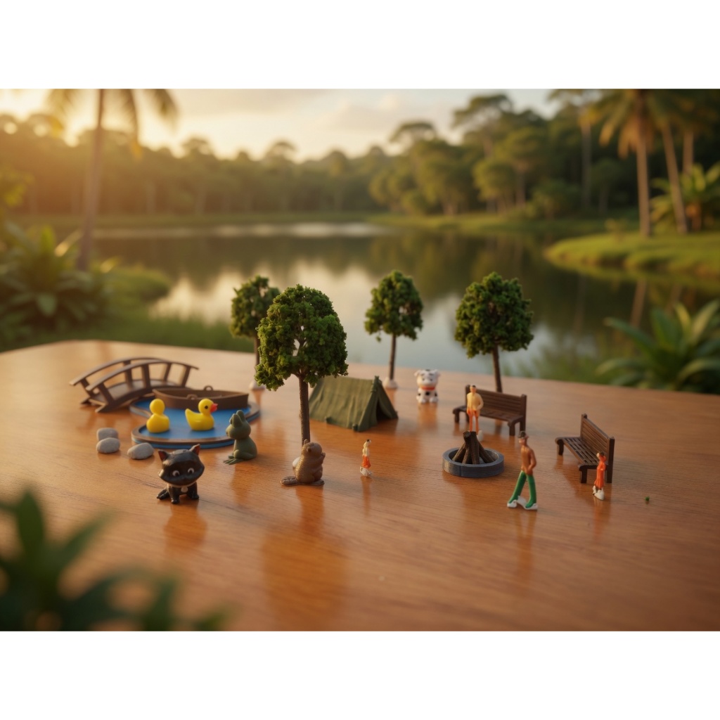 Miniaturas Acampamento no Lago c/ Tenda, Barco  – Diorama Terrário Maquetes