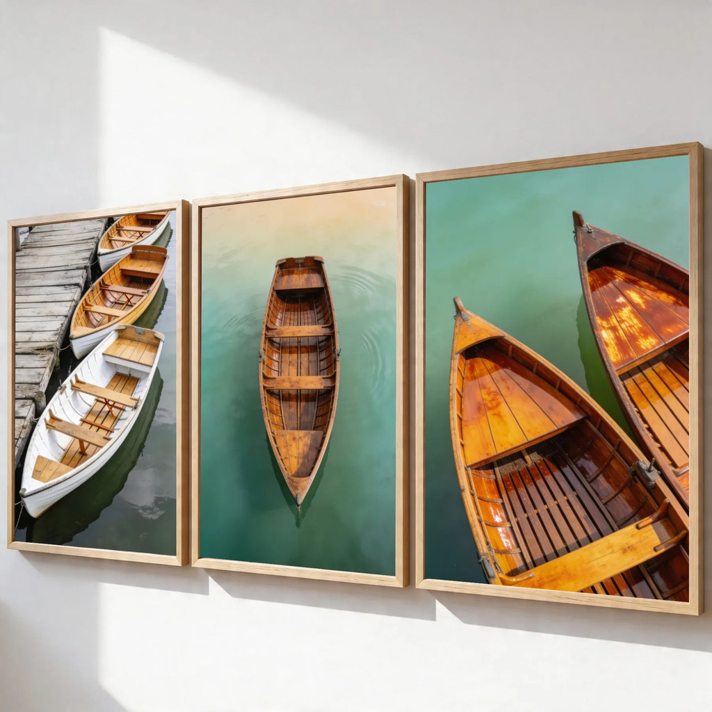 Trio Quadros Decorativos Barcos Lago Paisagem Natureza Sala