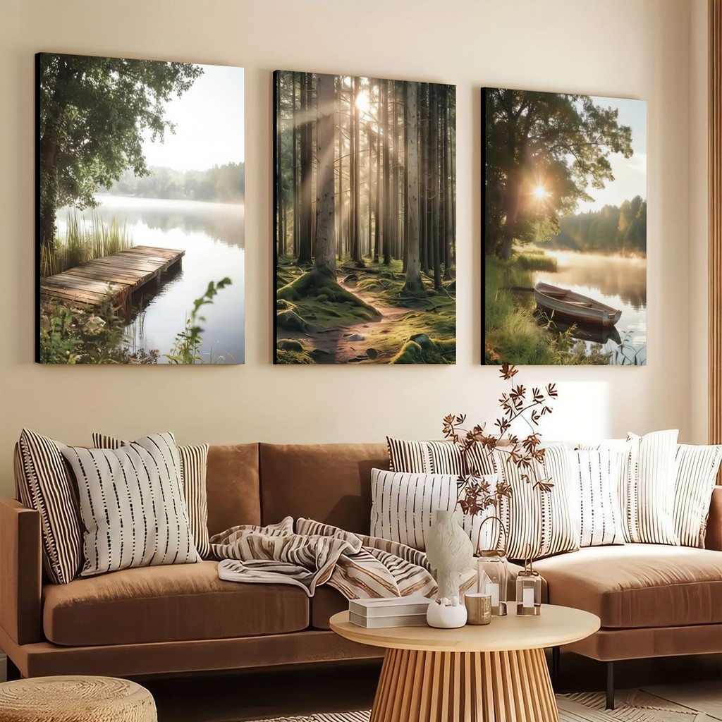 Kit 3 Quadros, Paisagem Natural Lago e Floresta com Barco ao Nascer do Sol, Arte Abstrata Moderna Sala Quarto Casal