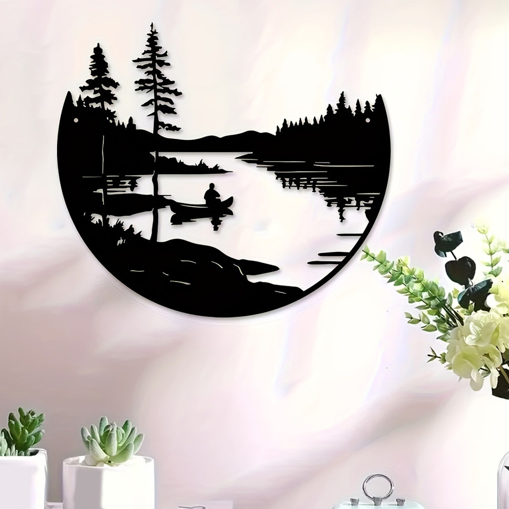 [SKI] Arte Redonda De Parede De Ferro Para Cena Da Natureza , Decoração Metal Barco Em Lago Floresta , Ornamento De Susp