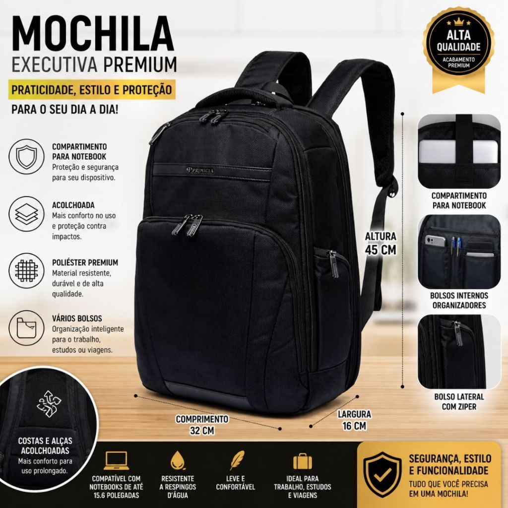 Mochila Executiva Premium Grande Resistente Trabalho Faculdade 25L
