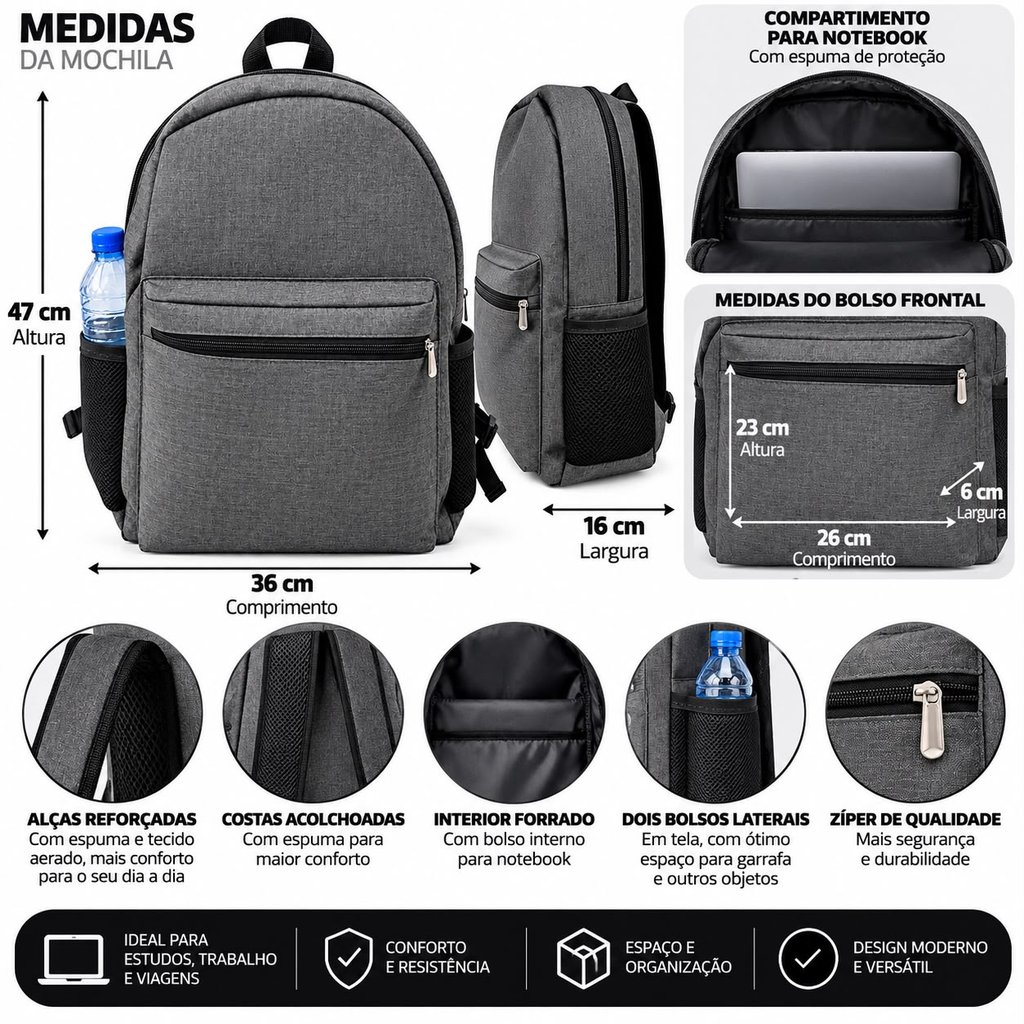 Mochila Premium Escolar Faculdade Trabalho Casual Viagem Reforçada Espaçosa