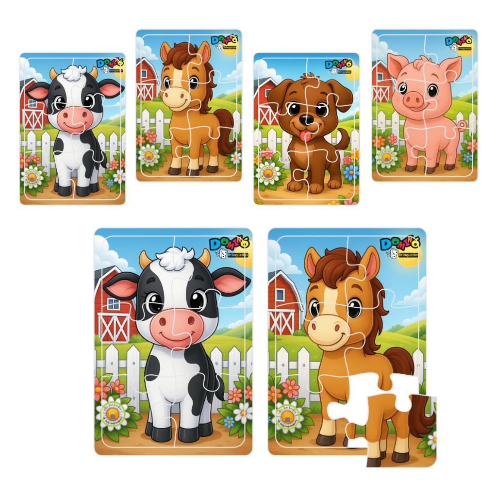 Kit 4 Quebra Cabeça Animais Fazenda Madeira Com 6 Peças