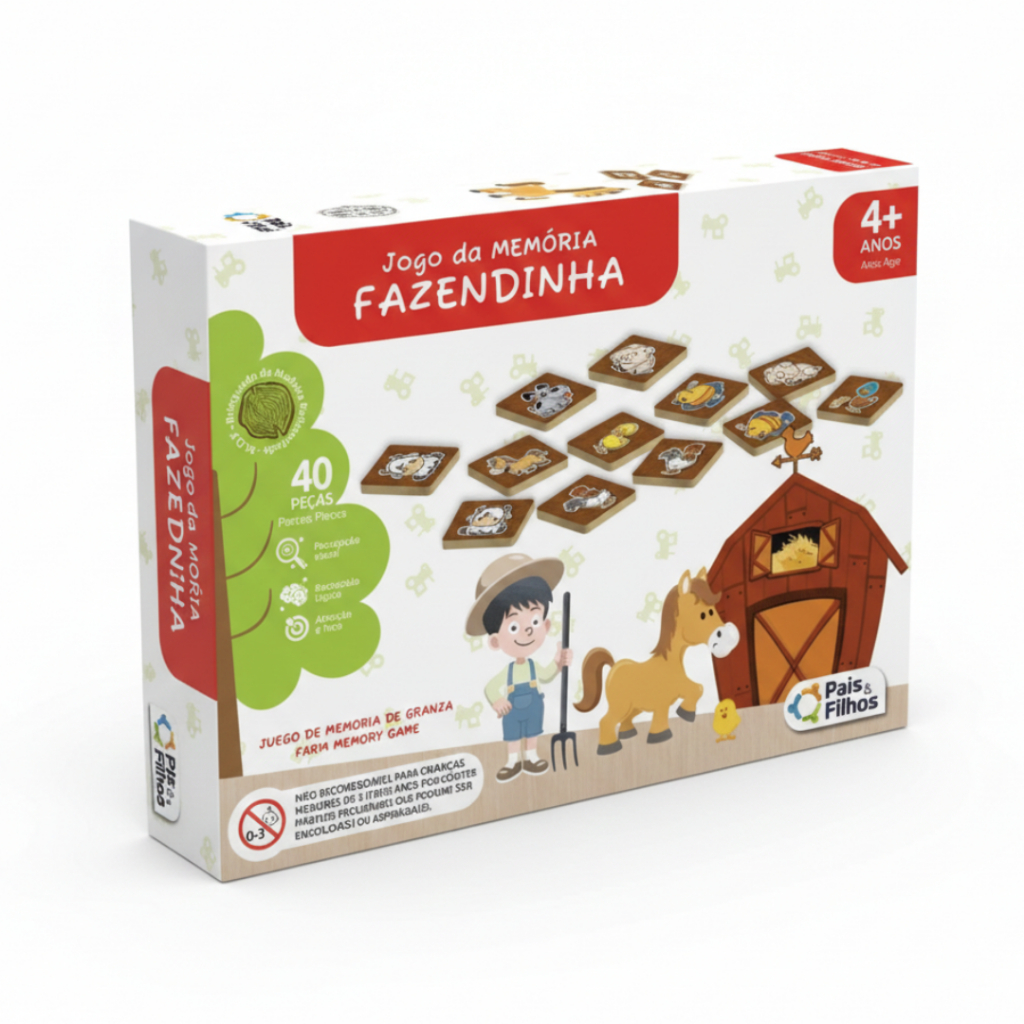 Jogo da Memória Fazendinha Infantil MDF 40 Peças Educativo Pais e Filhos