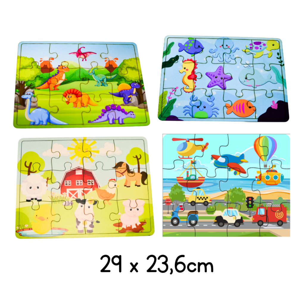Kit 4 Jogos Quebra Cabeça 29x23,6cm Animais fazenda fazendinha dinossauro fundo do mar meios de transporte Infantil em madeira Mdf 12 peças (4 unidades)