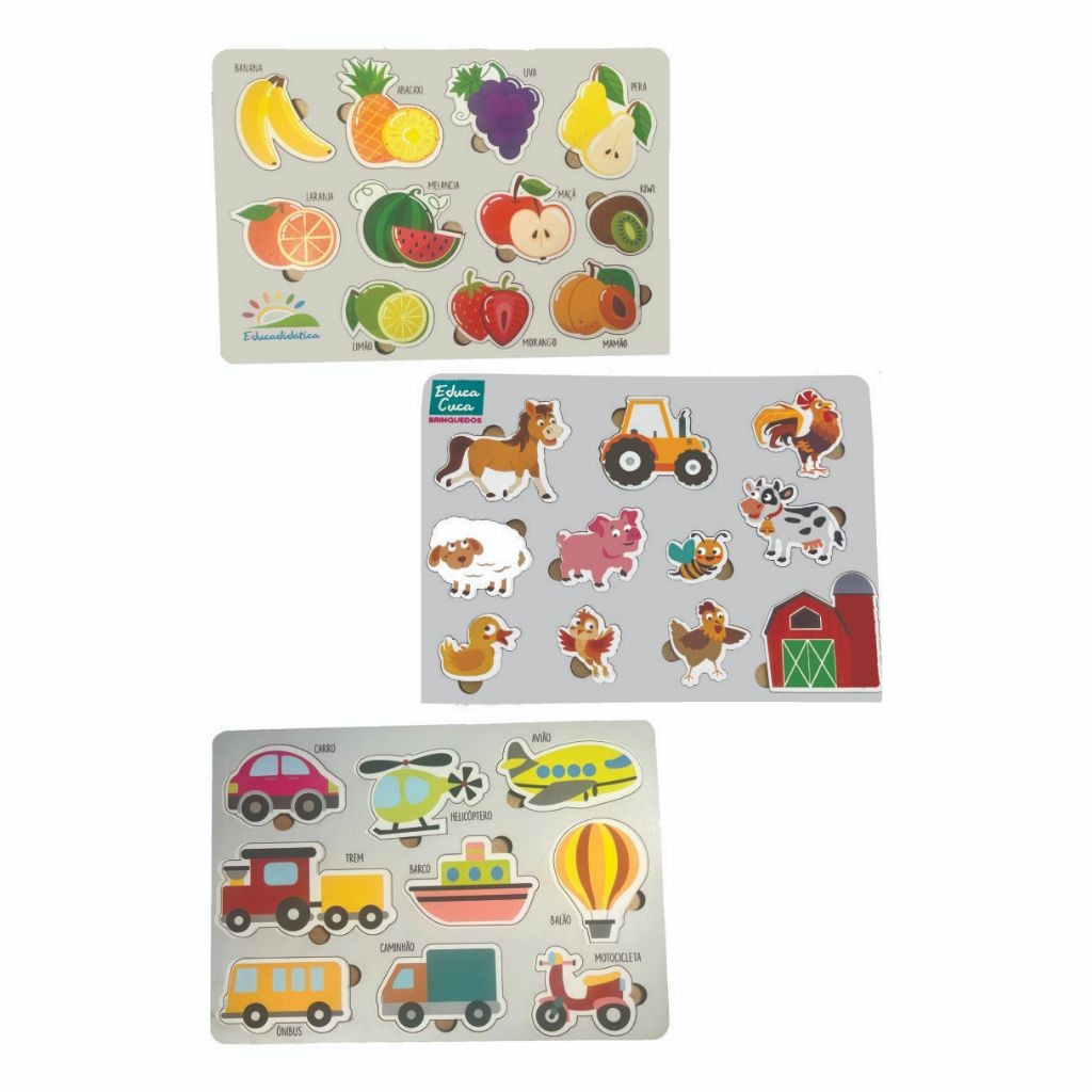 Frutinha Transporte Fazendinha Kit 3 Brinquedos Educativos Encaixe MDF Quebra Cabeça
