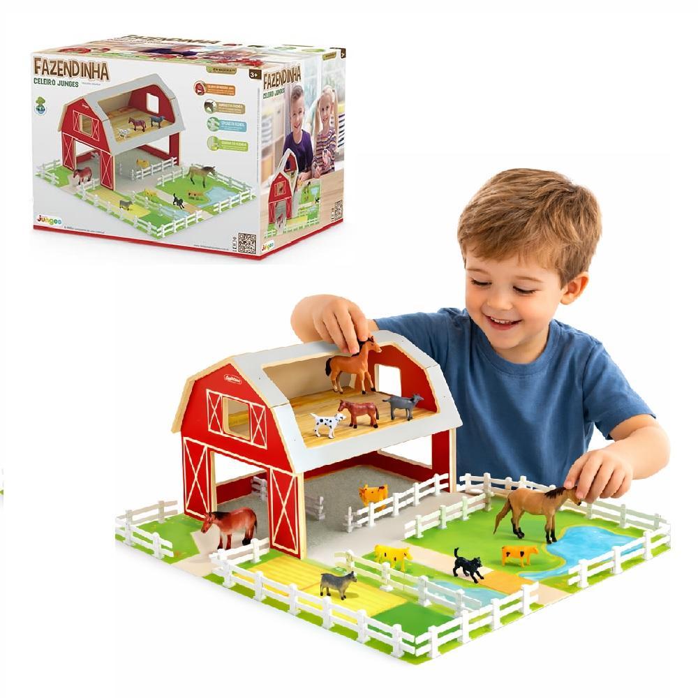 BRINQUEDO FAZENDA INFANTIL COMPLETA KIT CELEIRO ESTABULO EM MADEIRA 10 ANIMAIS FAZENDINHA CERCA GRANJA MDF ALCA PORTATIL