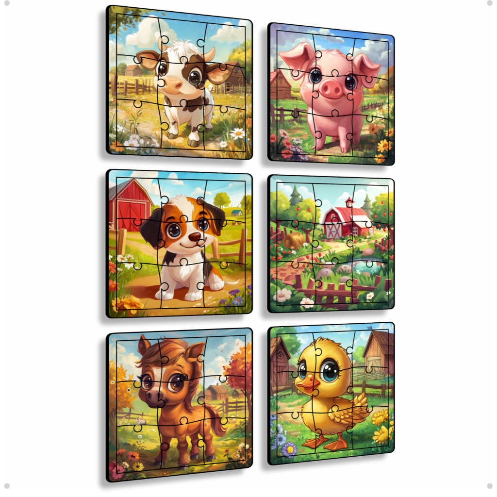 kit 6 quebra cabeça infantil mdf fazendinha feliz animal educativo 60 peças jogo colorido madeira