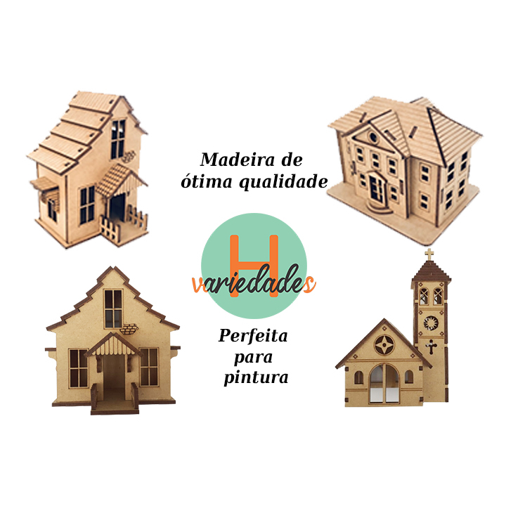 KIT 4 Casinhas MDF Cru Maquete Artesanato Pintura Fazendinha Vila Natal