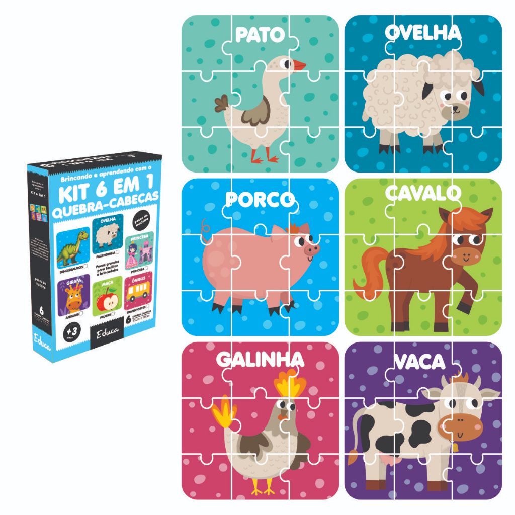 Kit 6 Jogos Quebra Cabeça Fazendinha Infantil em madeira Mdf 9 peças cada (6 unidades) 1 ano