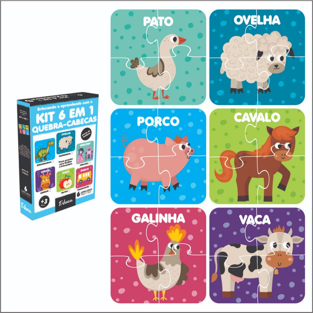 Kit 6 Jogos Quebra Cabeça Fazendinha Infantil em madeira Mdf 4 peças cada (6 unidades) 1 ano