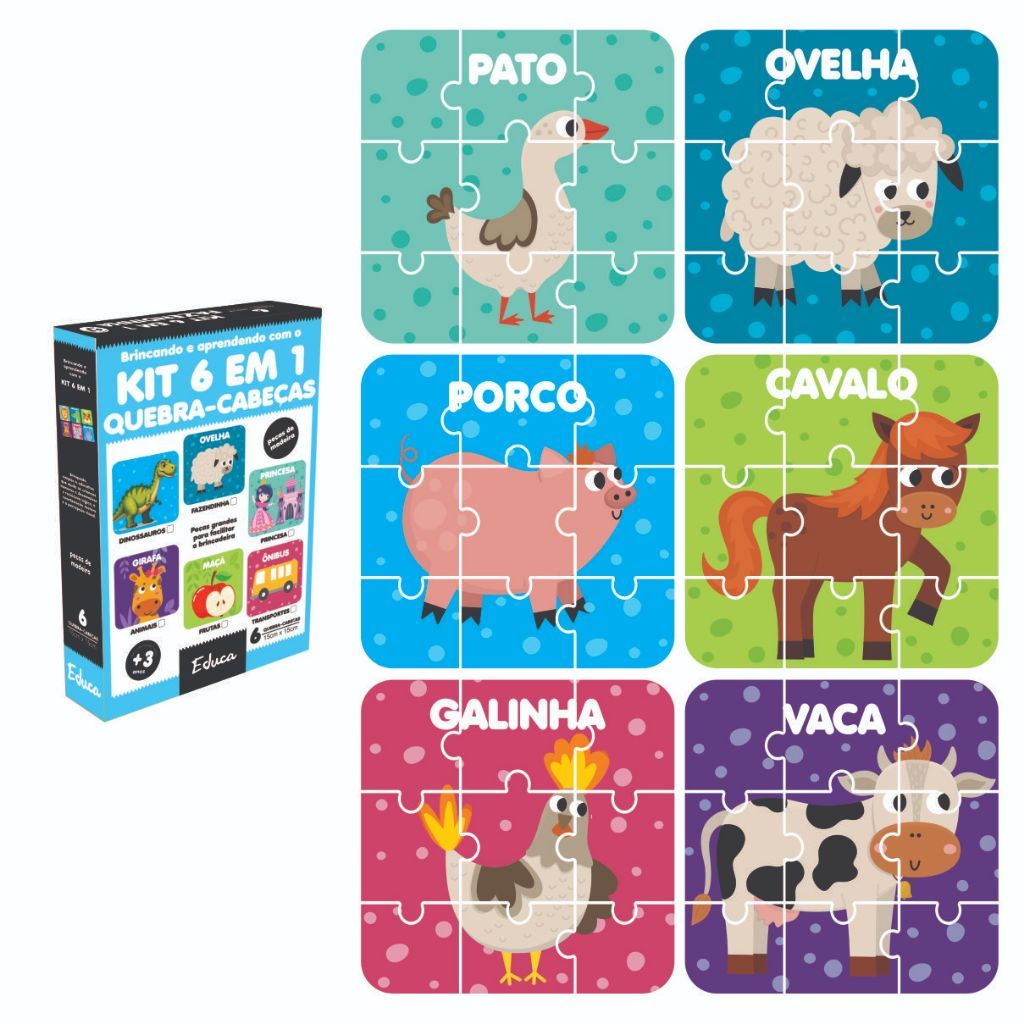 Kit 6 Jogos Quebra Cabeça Fazendinha Infantil em madeira Mdf 9 peças cada (6 unidades) 1 an