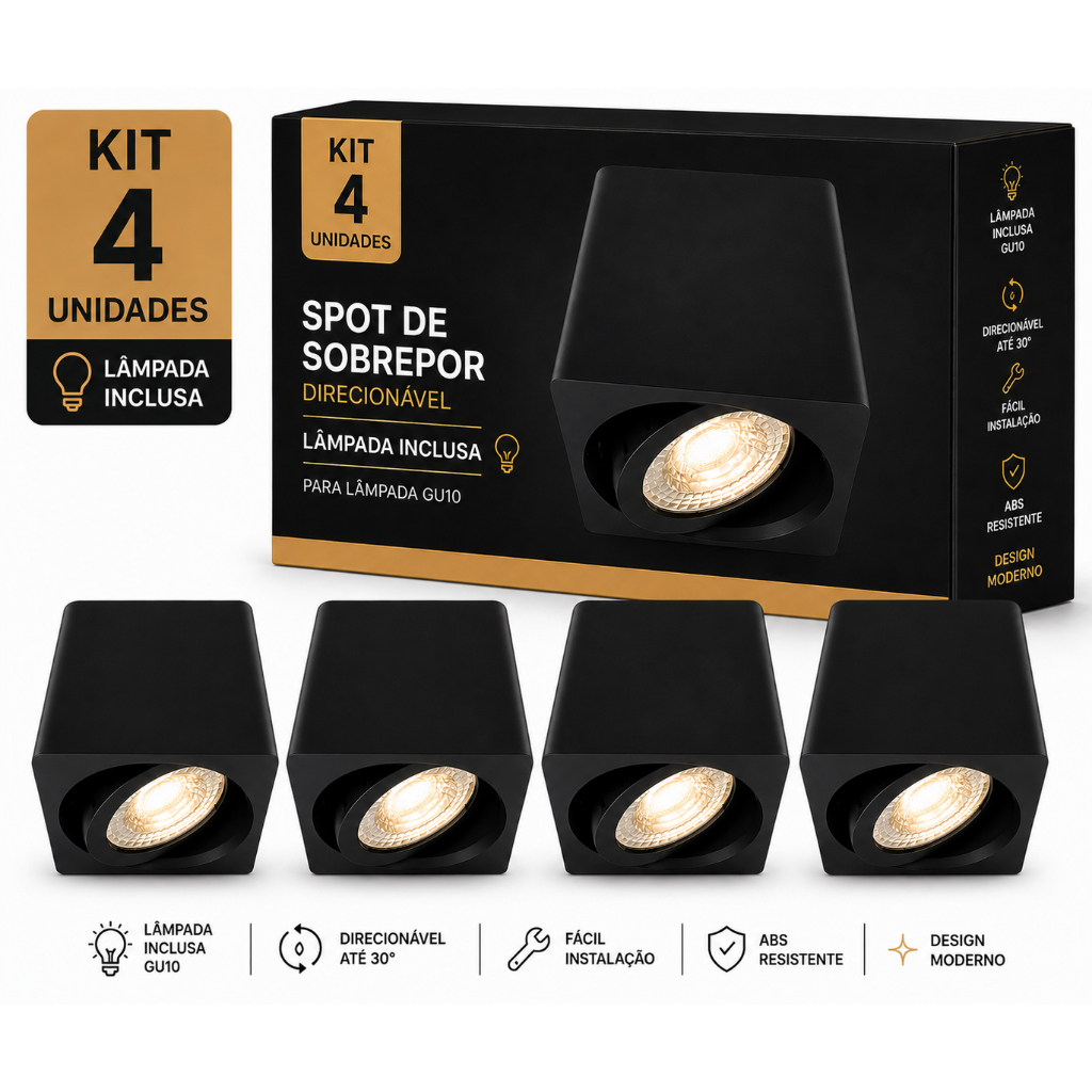 Kit 4 Spot Sobrepor Teto Beiral Para Lampada Dicroica Preto Direcionável + Lâmpada Inclusa