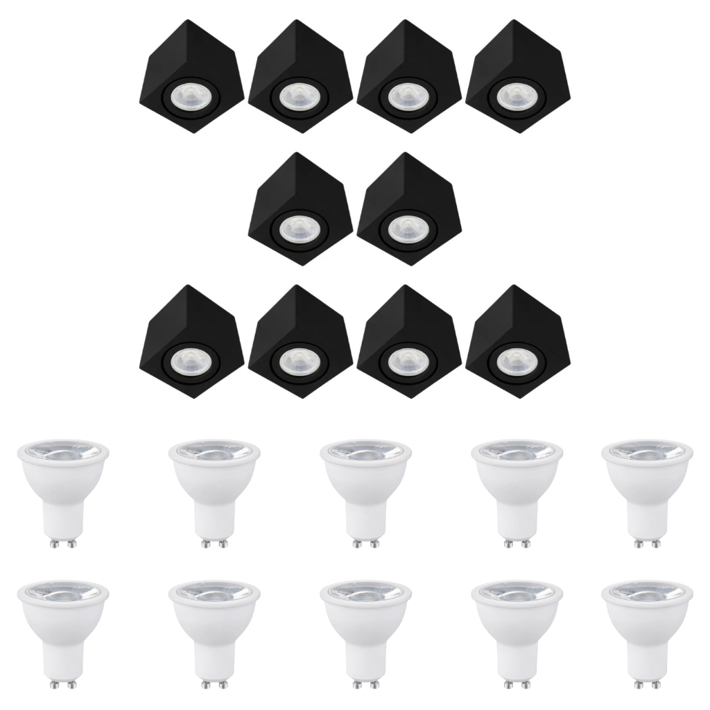 9x Spot Sobrepor Preto Quadrado Teto Beiral Para Lampada Dicroica Direcionável + 9 Lâmpadas Inclusas