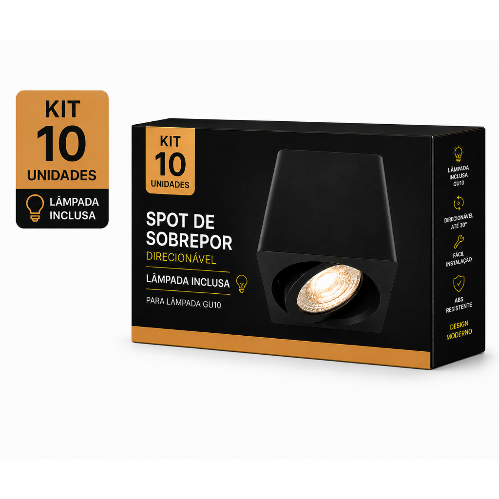 Kit 10 Spot Sobrepor Teto Preto Direcionável Dicroica com Lâmpada Inclusa Iluminação Interna Moderna