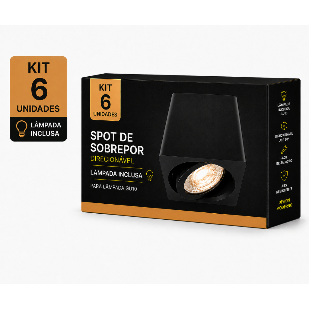Kit 6 Spot Sobrepor Teto Beiral Para Lampada Dicroica Preto Direcionável + Lâmpada Inclusa