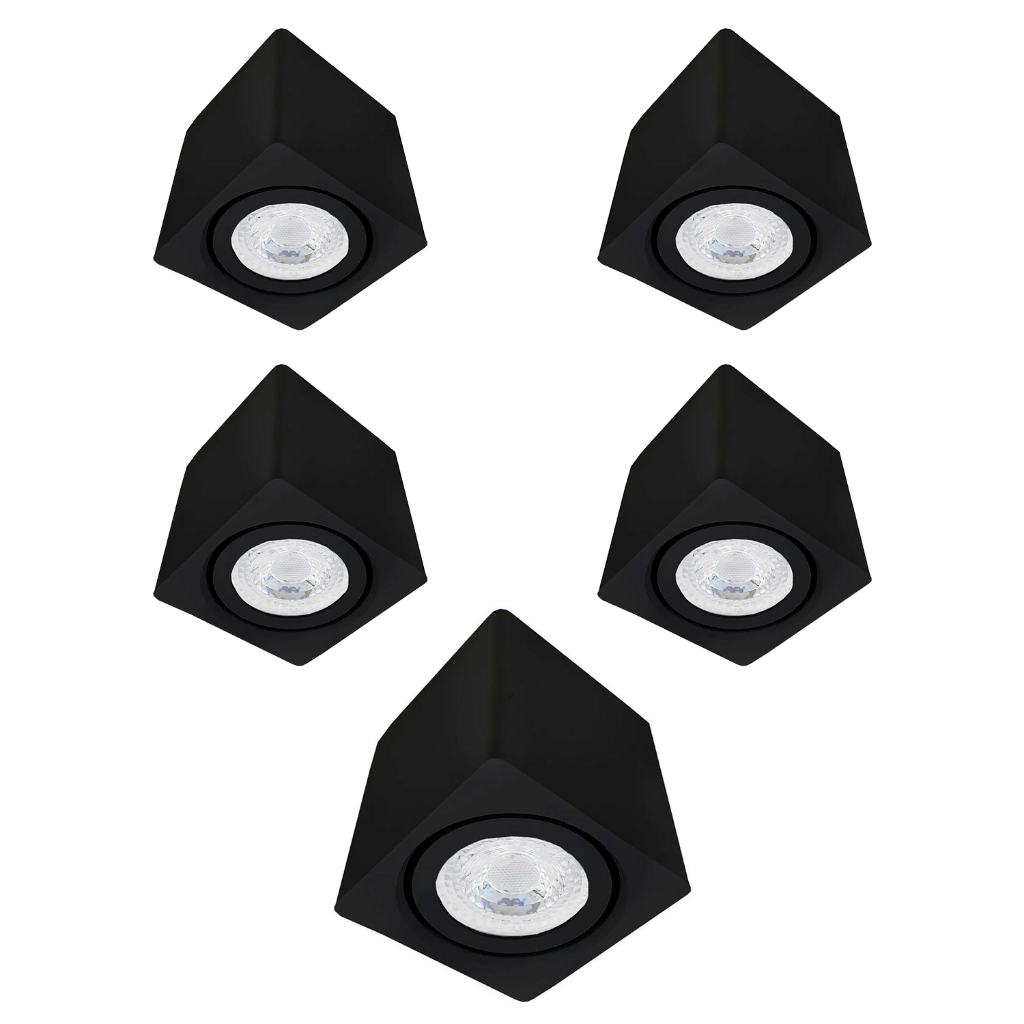 Kit 5 Spot Sobrepor Teto Beiral Para Lampada Dicroica Preto Branco Direcionável + Lâmpada Inclusa