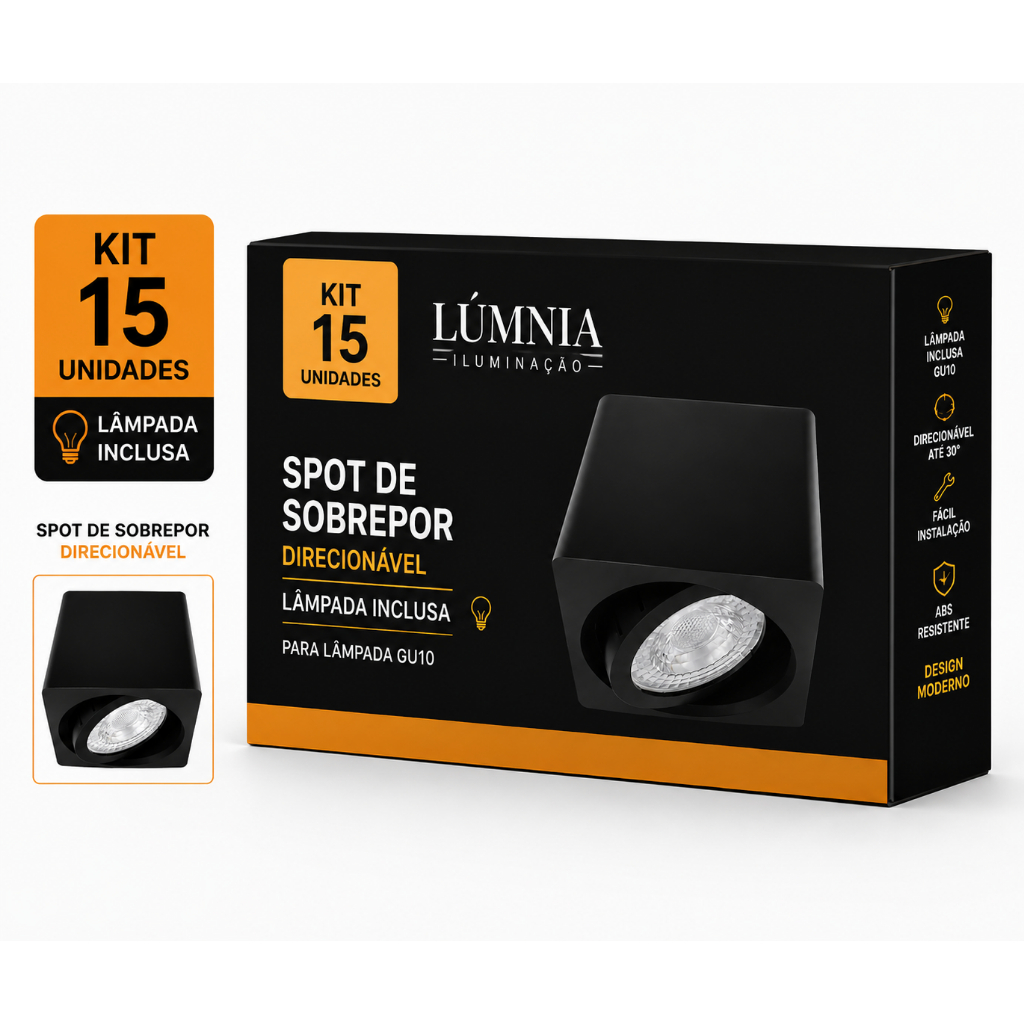 Kit 15 Spot Sobrepor Teto Beiral Para Lampada Dicroica Preto Direcionável + Lâmpada Inclusa