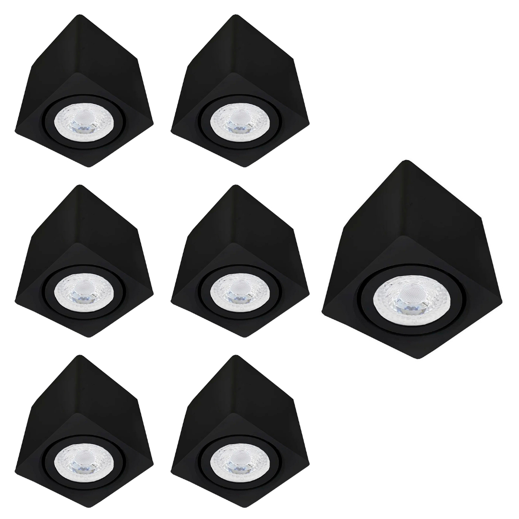 Kit 7 Spot Sobrepor Teto Beiral Para Lampada Dicroica Preto Branco Direcionável + Lâmpada Inclusa