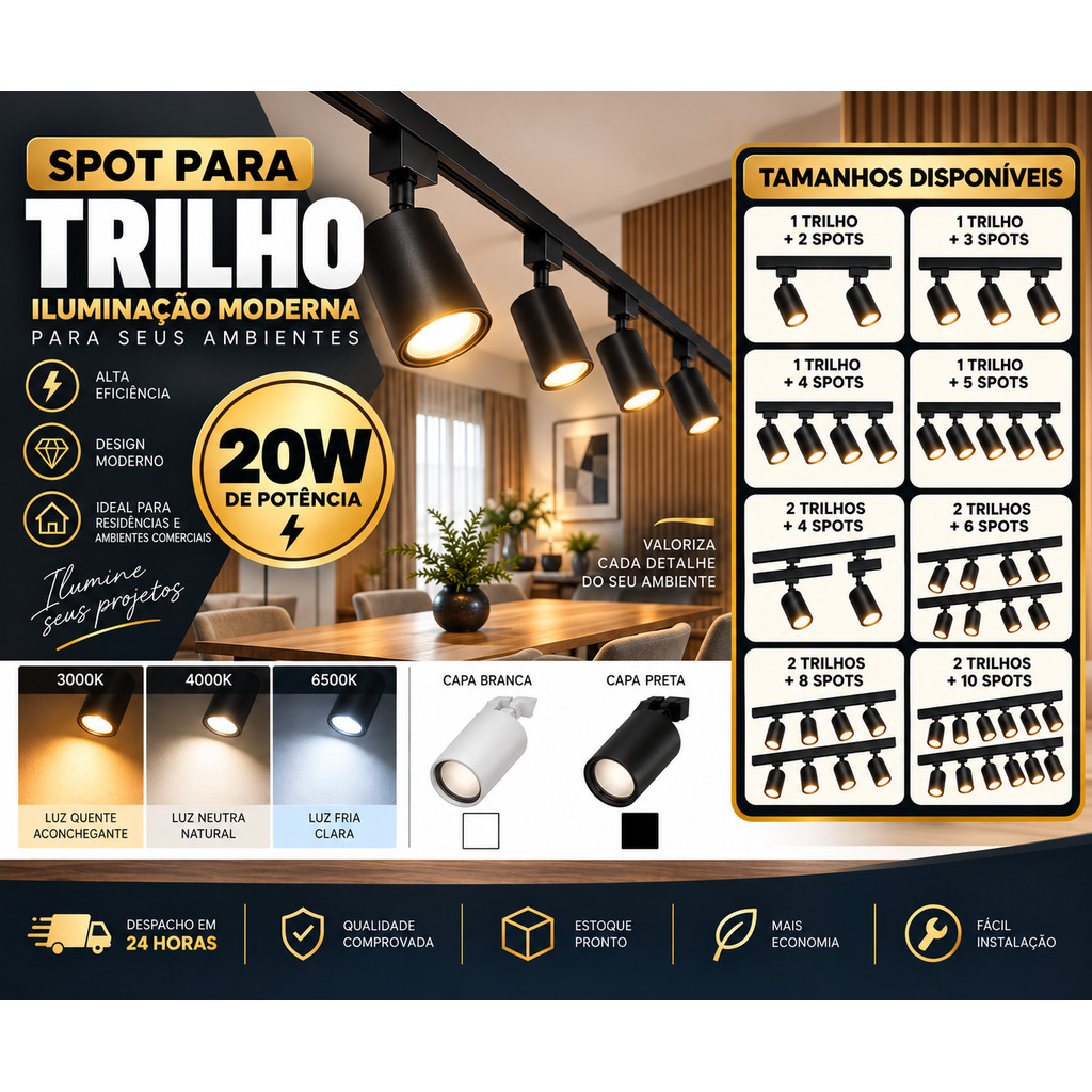 Trilho com Spot Led Eletrificado 1m ou 2m Spot 20W Sobrepor Teto Gesso Preto Branco - Kit Iluminação Bivolt Eletrificado