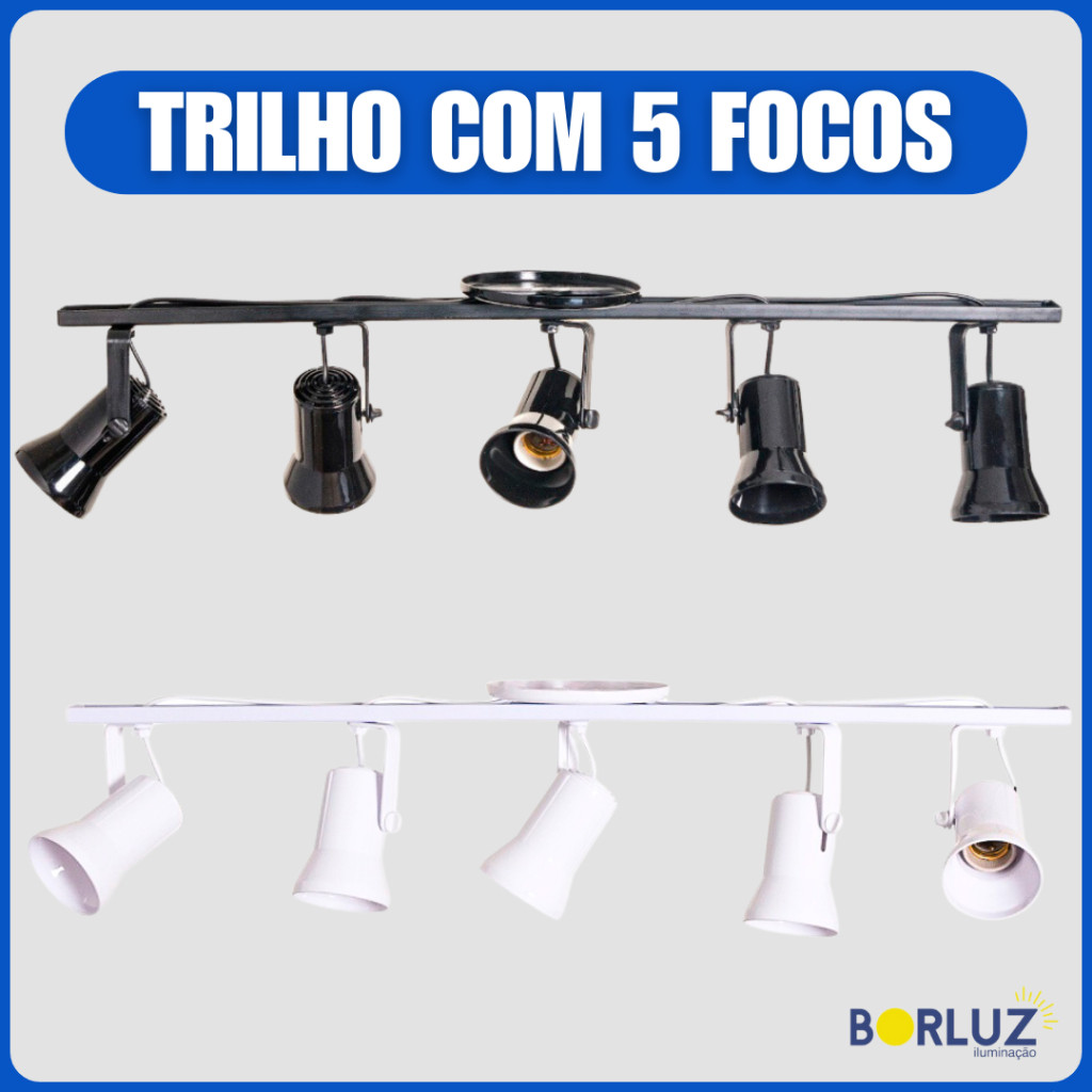 Luminária Teto Spot Lustre Sobrepor Trilho Sino 5 Focos Ajustáveis 360° Para Lâmpada Led Bulbo Par20