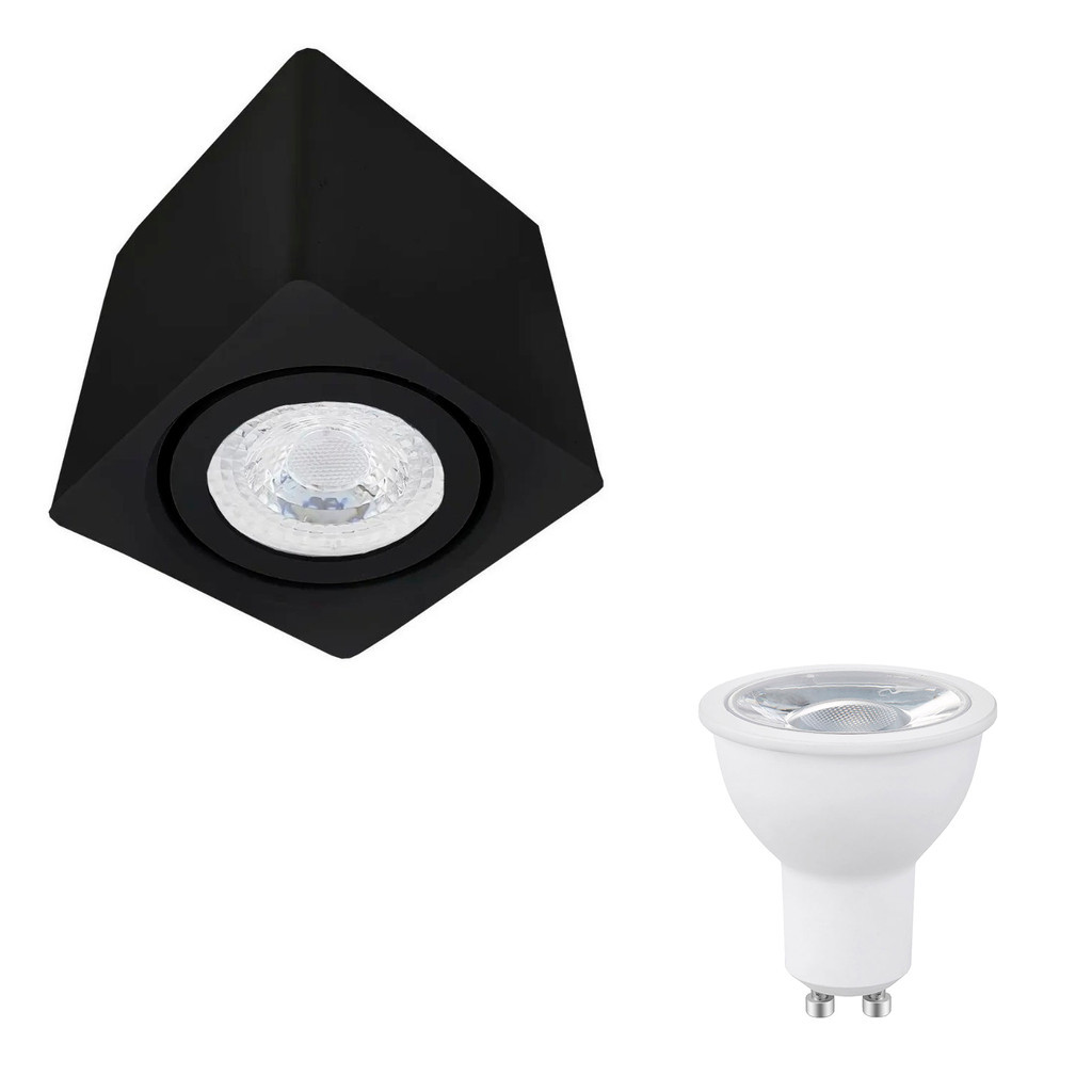 Kit 16 Spot Sobrepor Teto Beiral P/ Lampada Dicroica Preto Direcionável + 16 Lâmpadas Branco Quente