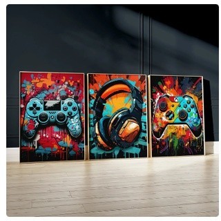 Quadros Decorativos Kit Gamer Graffiti Art Gamepad Gaming Poster Controle Fone Colorido Geek Nerd
