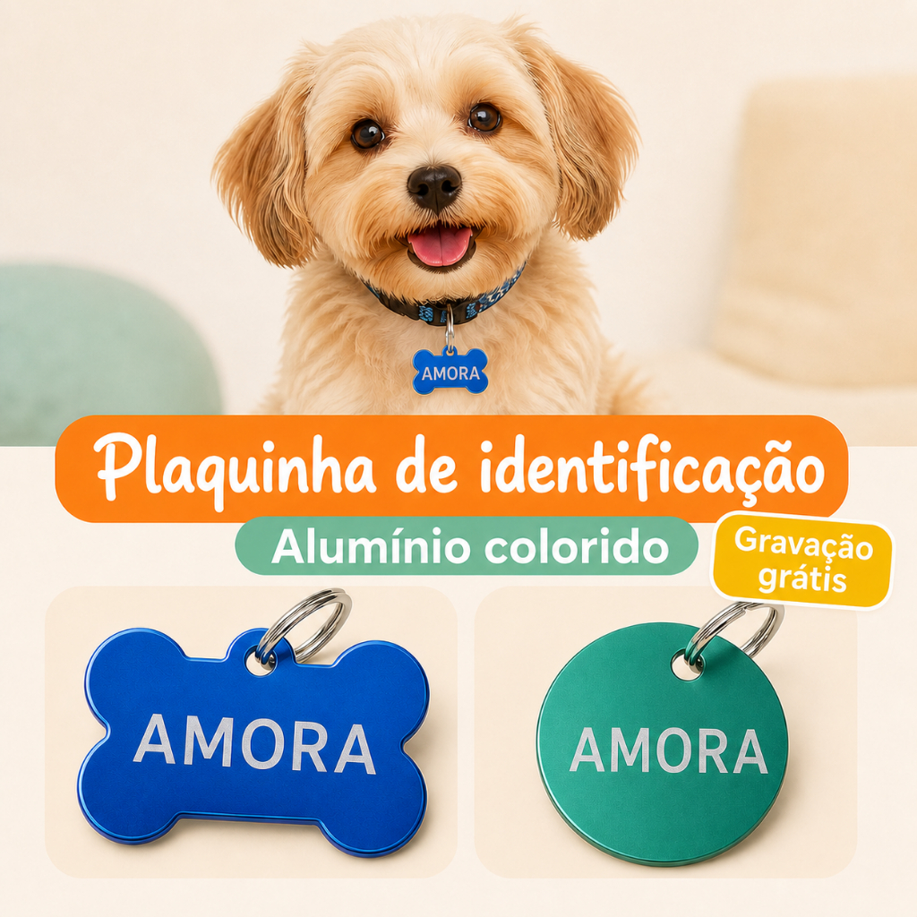 Plaquinha de Identificação Pet Personalizada Cachorro / Gato Gravada a Laser MDF e Metal