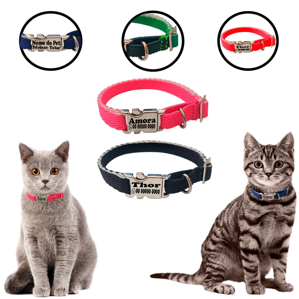 Coleira Anti enforcamento Personalizada Gato Mini Raças Identificação Nome Telefone Gravado Laser Cores Fecho Metal Luxo