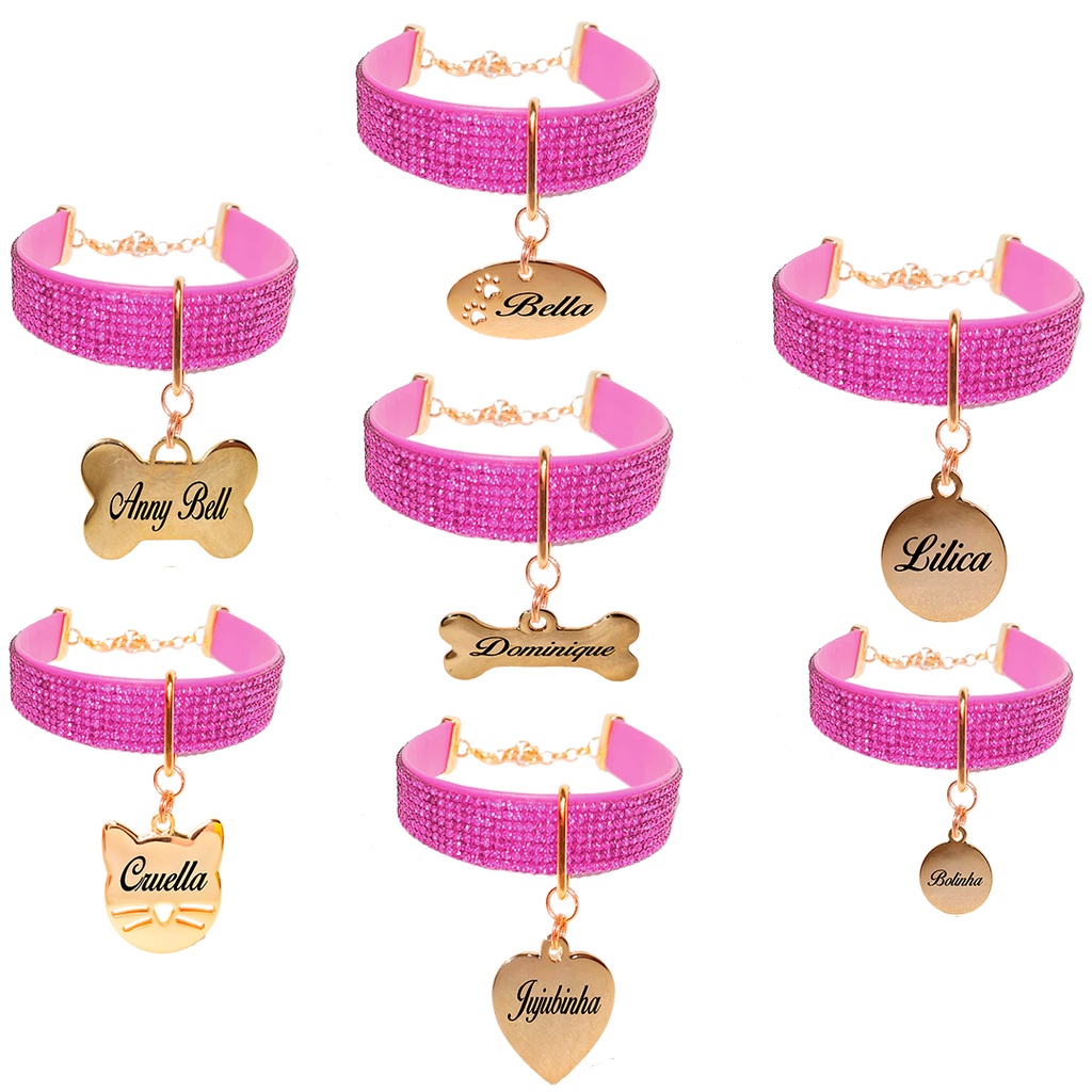 Coleira Gargantilha de Strass Rosa Gato cachorro Placa Identificação Nome telefone Gravado a Laser Personalizado