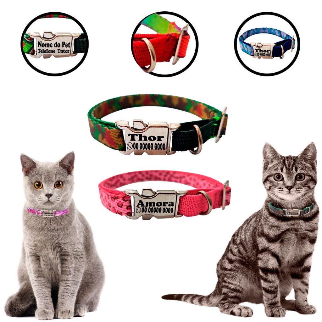 Coleira Anti Enforcamento Personalizada Gato Mini Raças Identificação Nome Telefone Gravado Laser Fecho Metais Níquel
