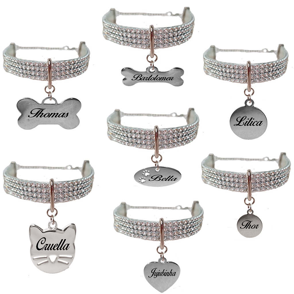 Coleira Gargantilha de Strass Prata Metal Gato cachorro Placa Identificação Nome telefone Gravado a Laser Personalizado